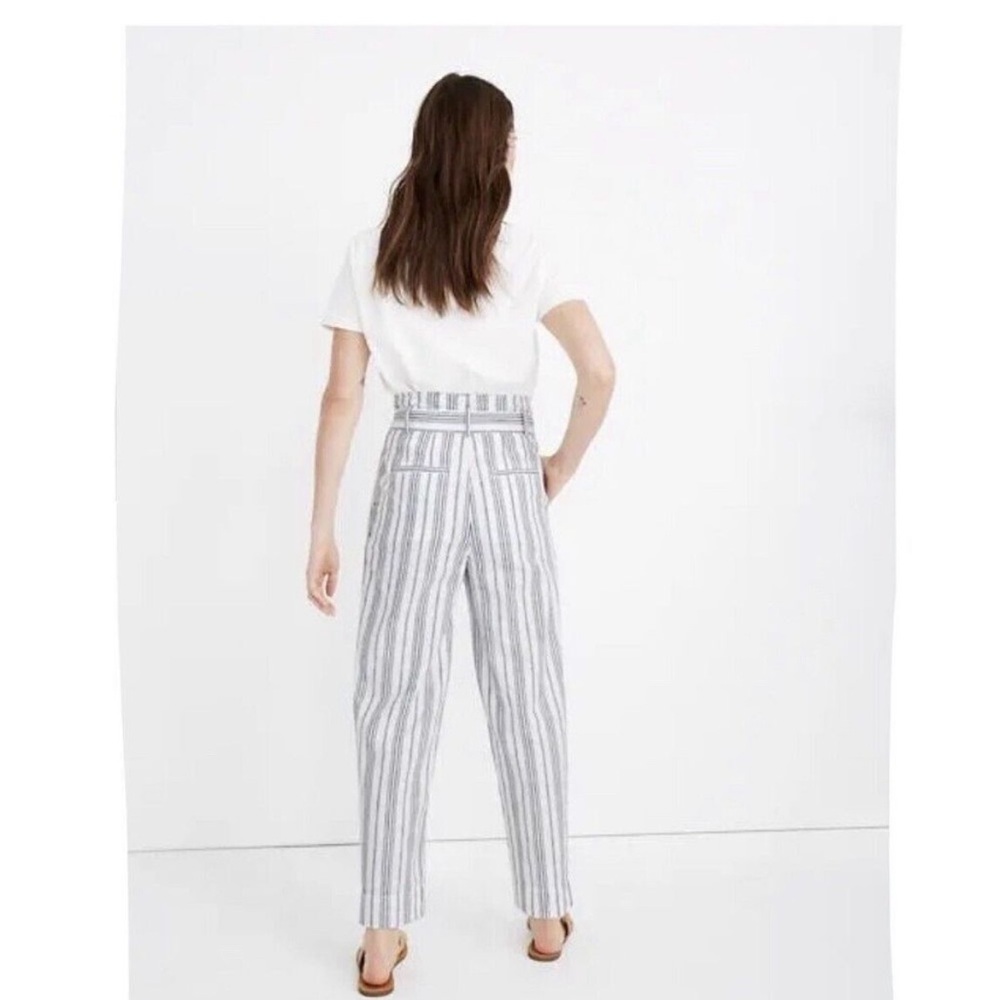 Madewell Women's Linen Cotton Blend Paperbag pants blue white belted size 12 - Picture 2 of 12